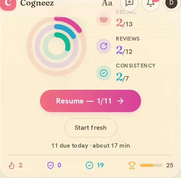 The three rings — Recall, Reviews, Consistency — with your session button