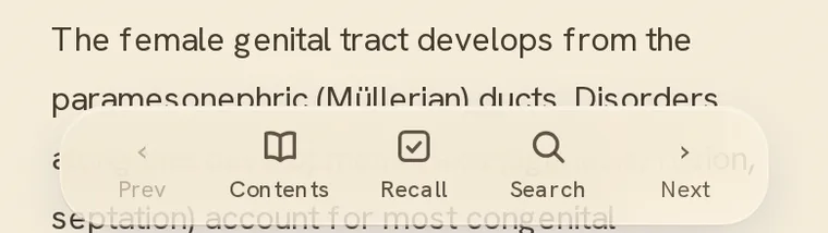 The floating reading bar — Prev, Contents, Recall, Search, Next