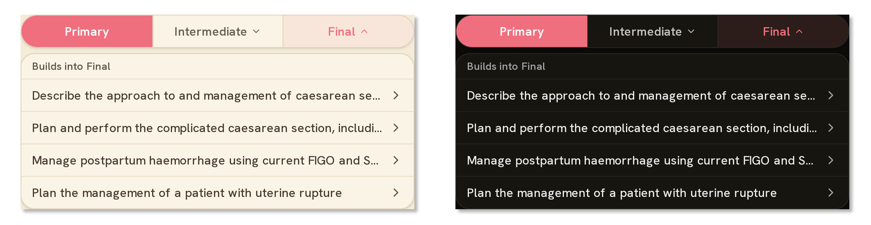 Tapping Final reveals what the topic builds into — shown in light and dark