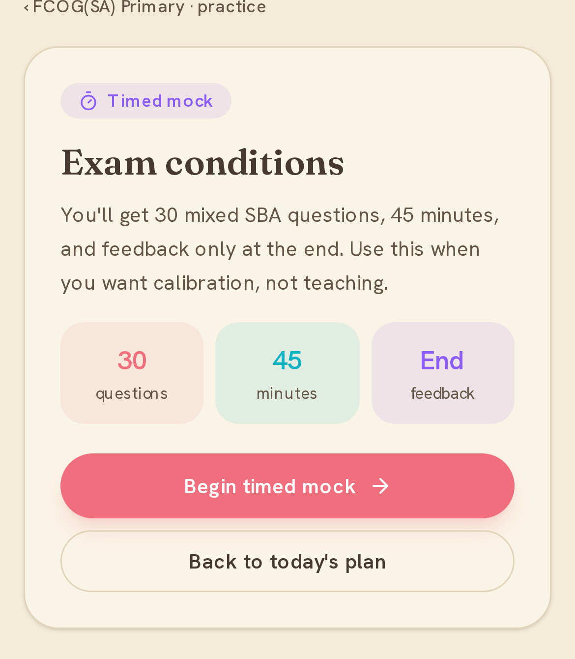 A timed mock — a mixed paper on the clock, with feedback at the end
