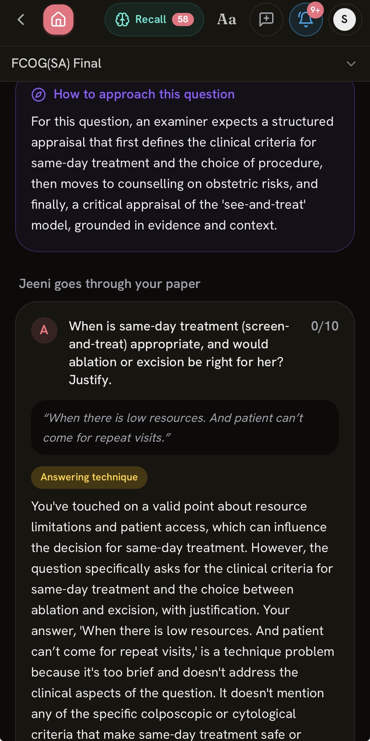 Jeeni's per-part debrief, quoting your own answer back and showing what to tighten