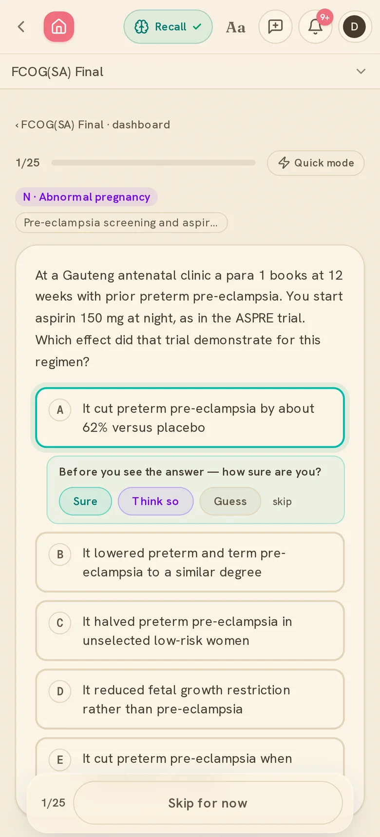 The confidence check — Sure, Think so, or Guess, before the answer is revealed