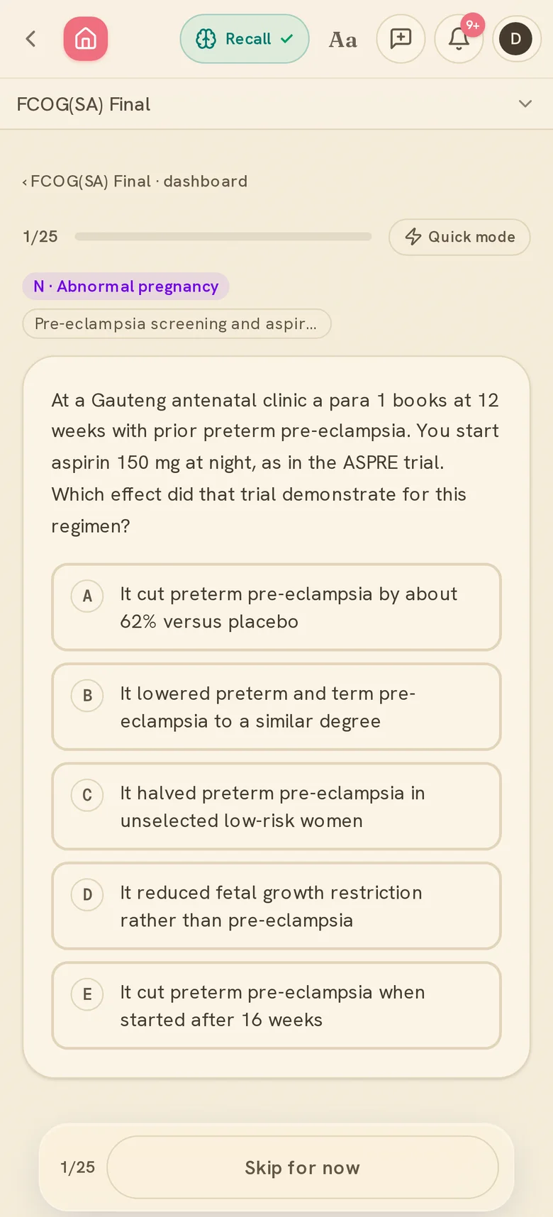 A recall session — one best-answer question, answerable before you read the options